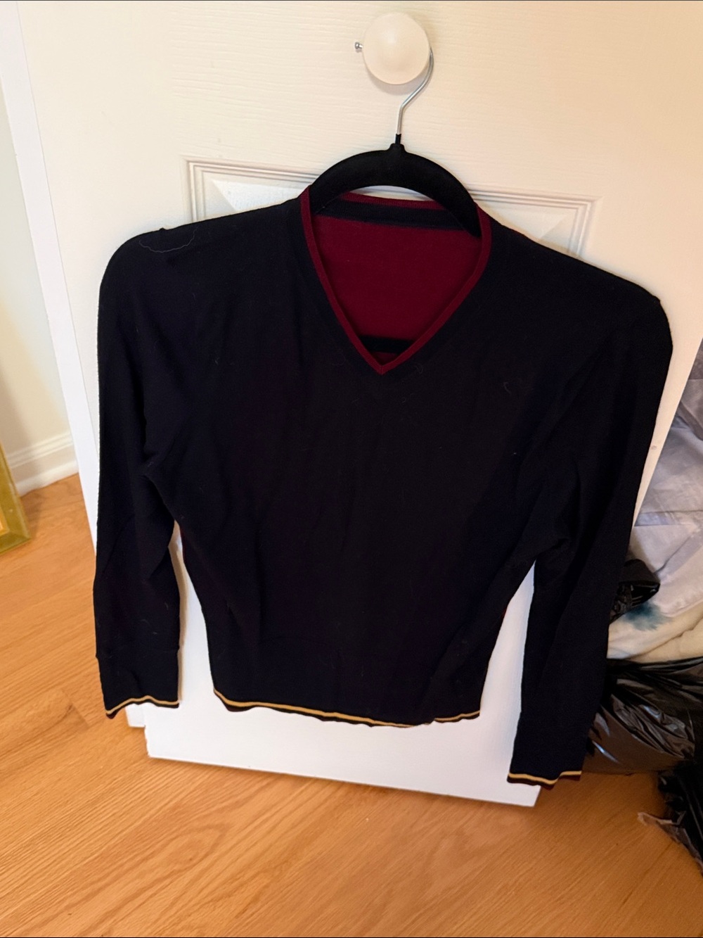 Black Fleece by Brooks Brothers Classic Black V-Neck Sweater with Burgundy Trim